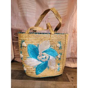 Straw blue white floral tote‎ bag purse